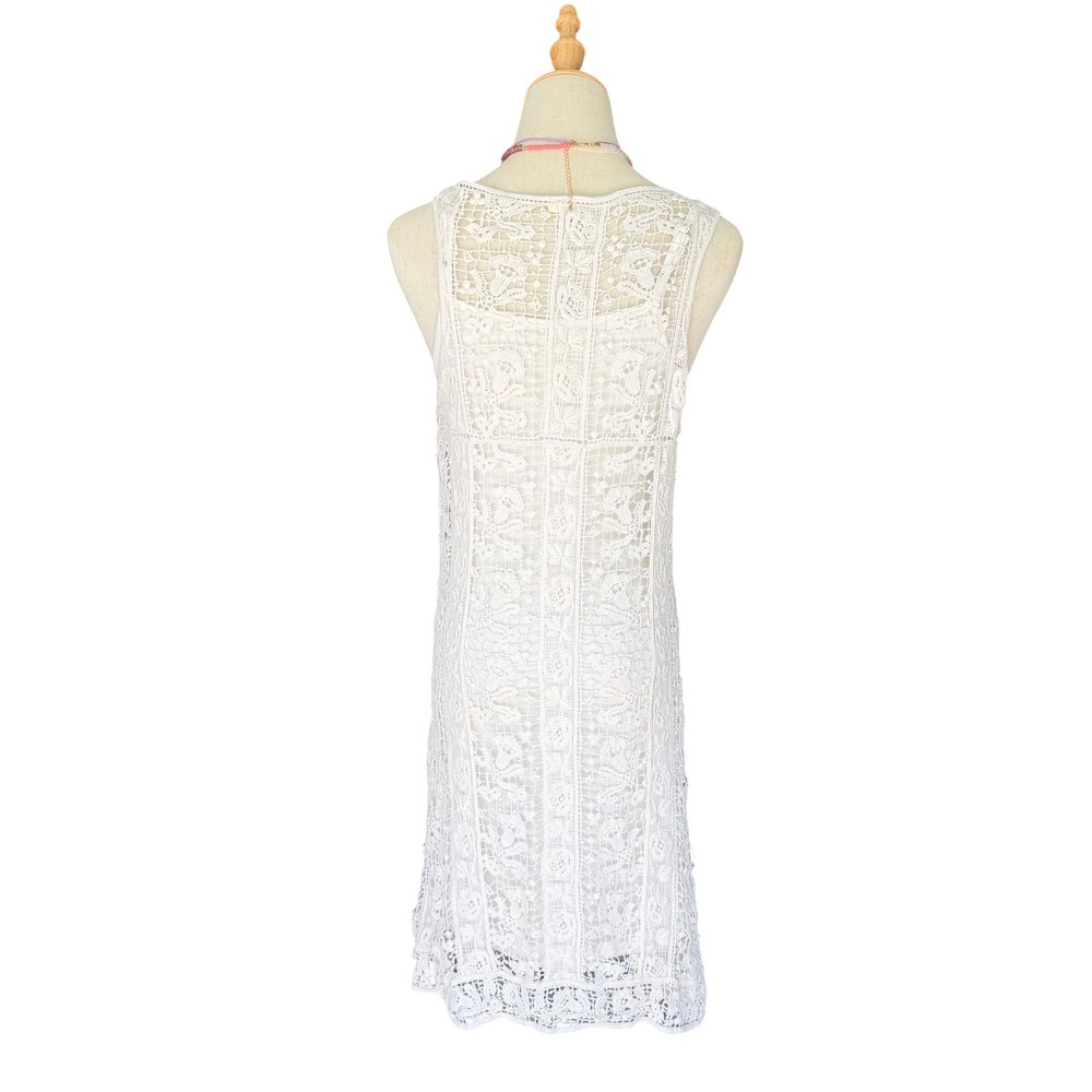 Solitaire White Crochet Lace Sleeveless Shift Dress with Slip Liner Womens Small